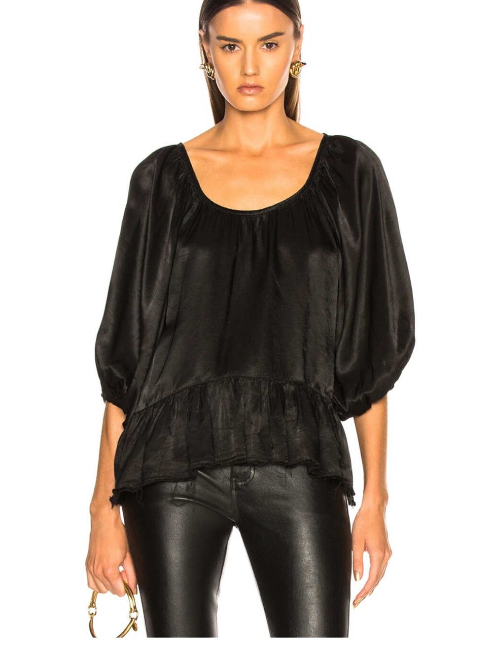 Raquel Allegra Pebble Satin Peasant Ruffle Top in Taupe Beige - Size 2